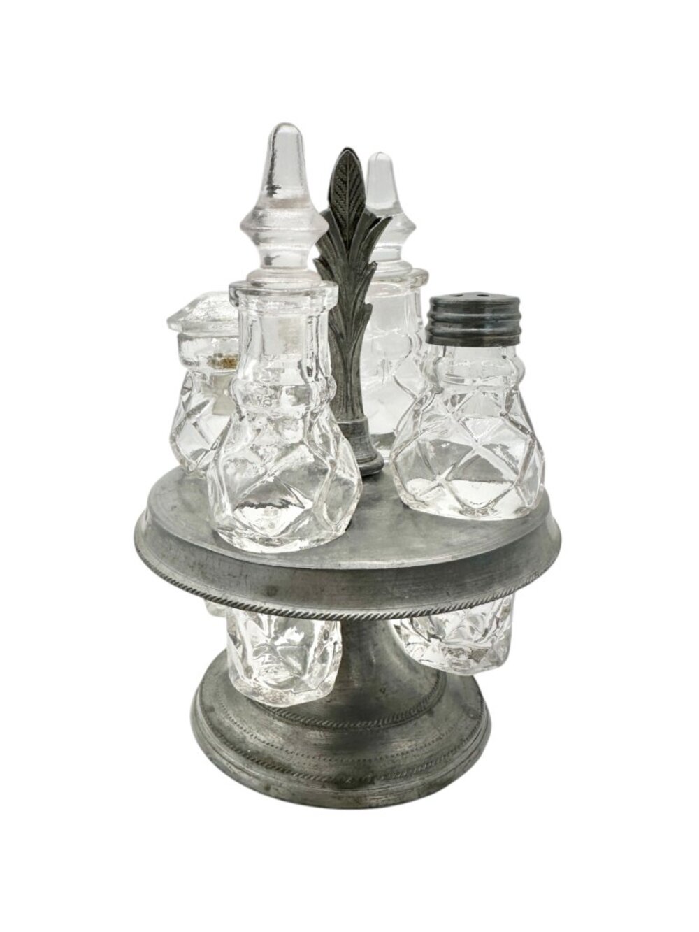 Antique Castor Cruet Set Childrens Tableware with 4 Ornate Glass Bottles & Stand